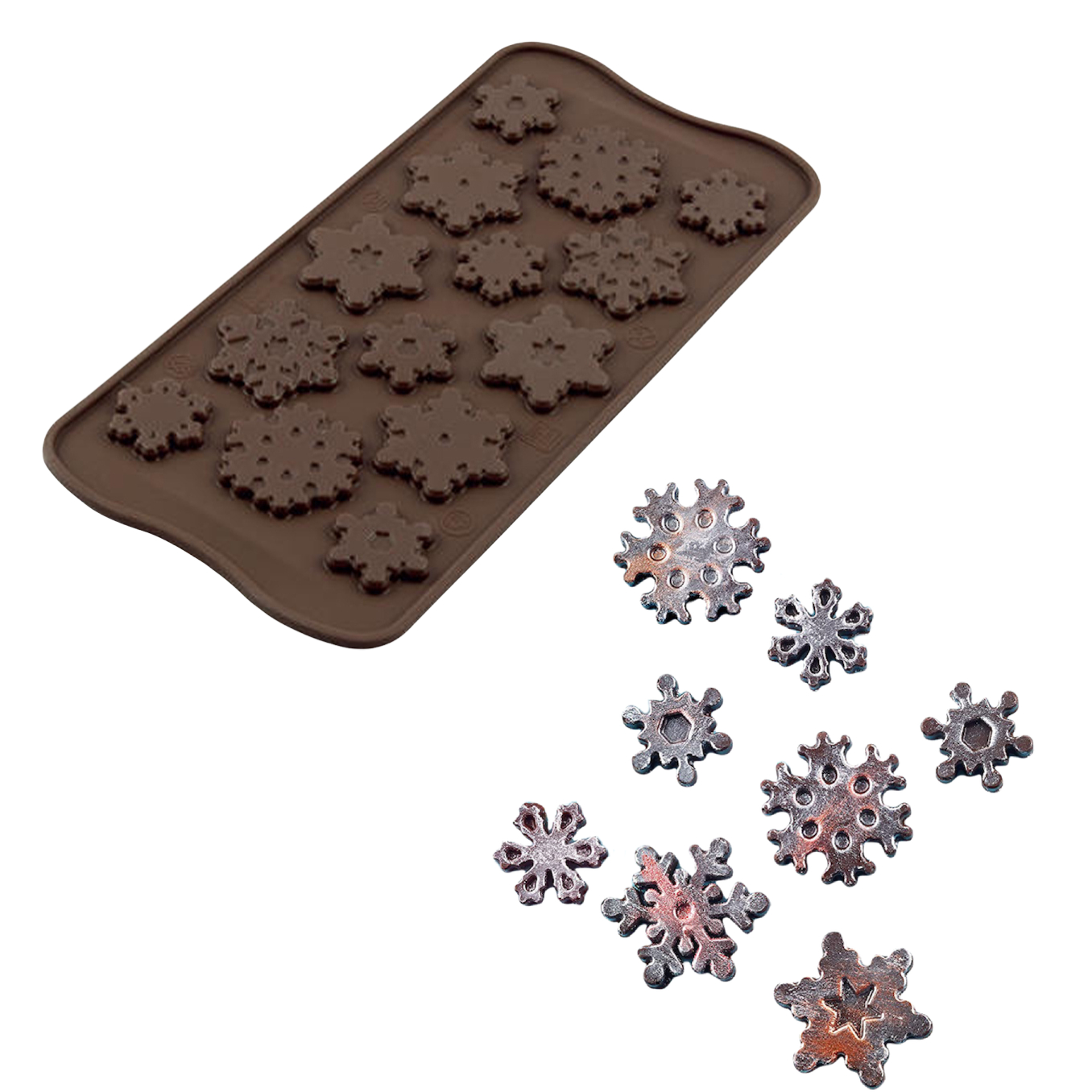 Форма силиконовая для шоколадных фигурок ИЗИ-ШОК снежинки арт. SCG40 (14, 29 мл, 2 мл, 4 мм, 8 снежинок диаметром 35 мм и 6 снежинок диаметром 25 мм)